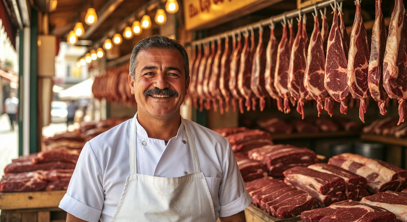 A smiling middle-aged Turkish man with a mustache, wearing a white apron, stands proudly in front of a traditional butcher shop displaying rows of hanging *pastırma* (cured beef) under warm golden light.