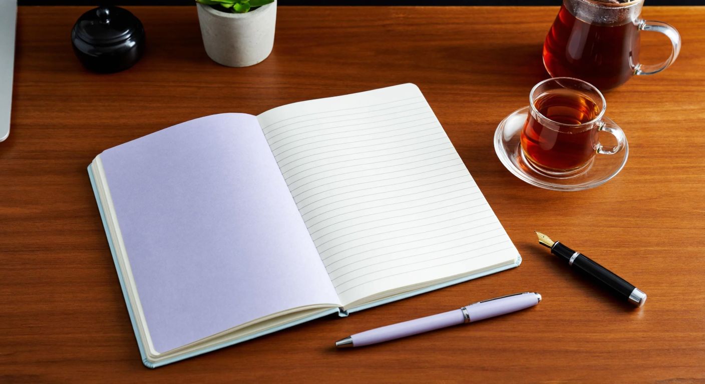 A sleek, pastel-colored B5 notebook with lined pages lies open on a wooden desk, accompanied by a fountain pen and a steaming cup of Turkish tea.