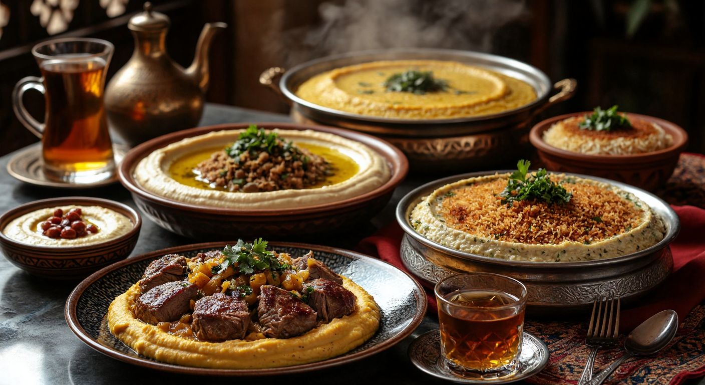 A richly set table in Jordan features a steaming platter of golden saffron-infused mansaf with tender lamb, a bowl of creamy hummus drizzled with olive oil, a sizzling shawarma wrap, an upside-down maklube with fragrant rice, and a glistening künefe dessert, all accompanied by a small glass of amber tea.