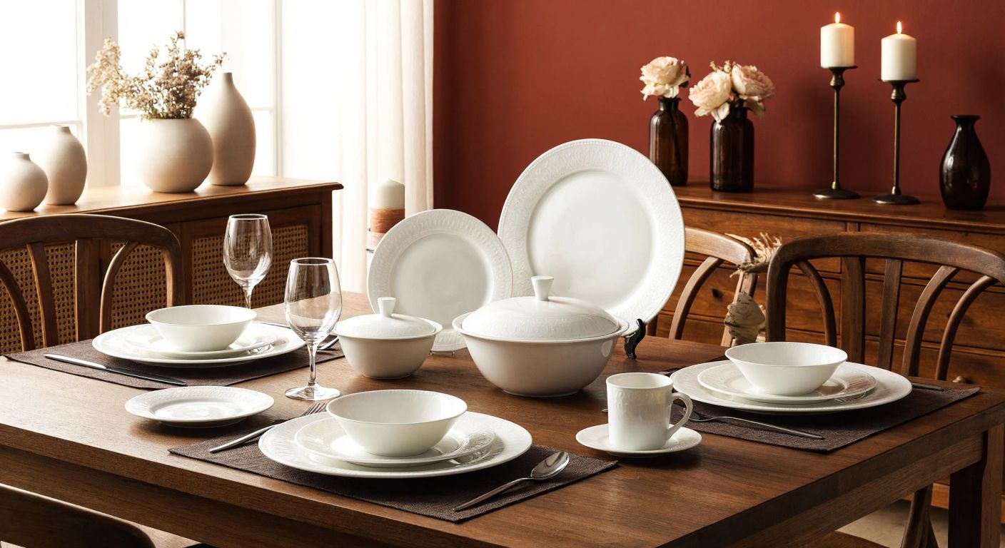A beautifully arranged dining table in a Turkish home, featuring the elegant white Kütahya Porselen Bone Luz dinner set with plates, bowls, and cups, surrounded by warm wooden furniture and soft lighting.