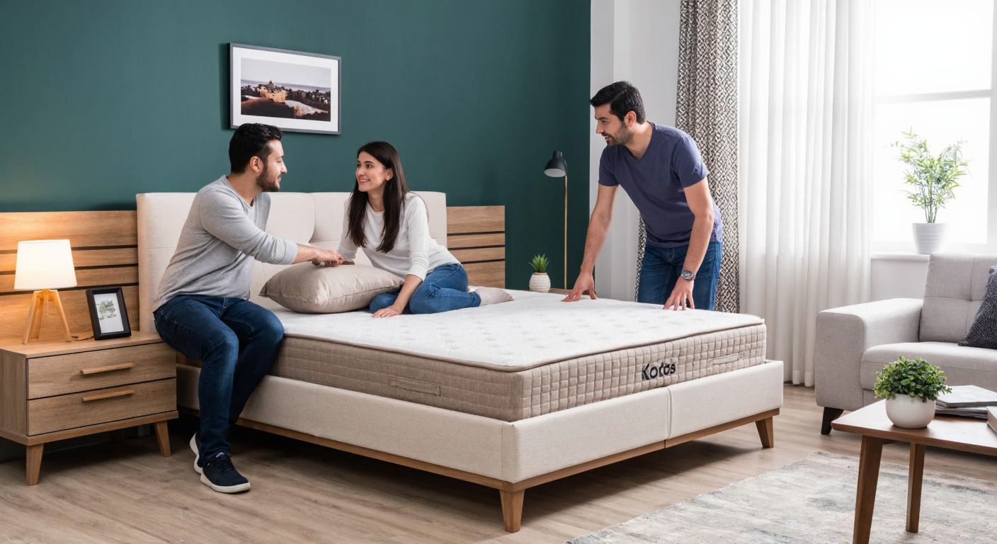 A Turkish couple in a cozy living room examines a wooden bed frame with a neutral-colored fabric baza, while a Koçtaş-branded brochure lies on a coffee table nearby.