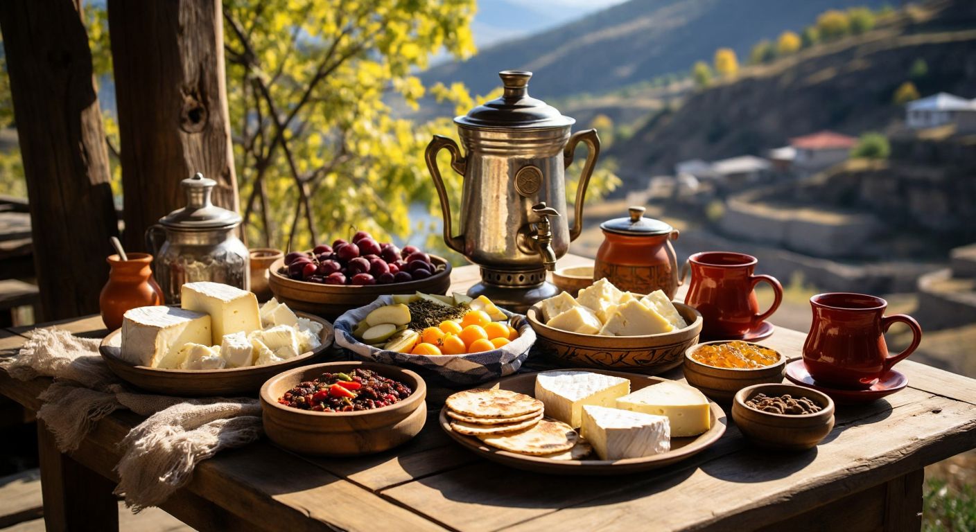 A rustic wooden table in Van, Turkey, laden with a colorful spread of organic cheeses, honey, fresh lavash, butter, and çay in a traditional semaver, surrounded by warm morning sunlight.