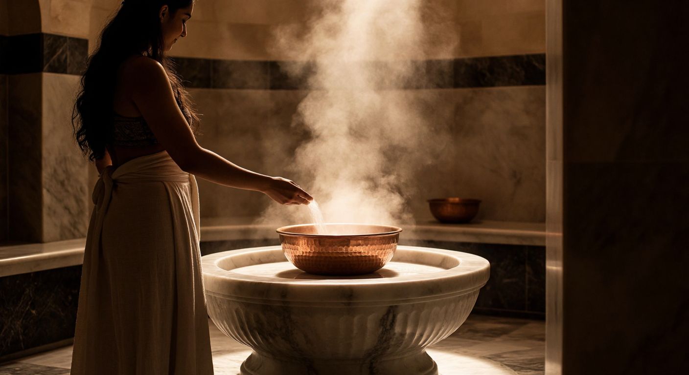 A traditional Turkish hammam with a marble kurna (basin) at a comfortable waist-height, surrounded by warm steam and soft light, while a person reaches toward it with a copper bowl.