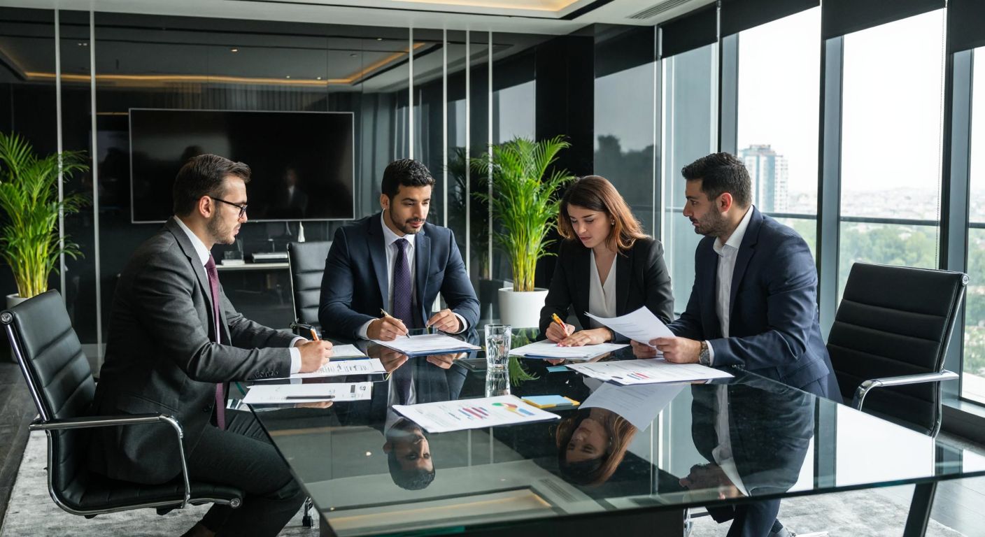 A sleek, modern office in Istanbul with well-dressed professionals in suits reviewing financial documents, collaborating around a glass table, and discussing strategies, reflecting the global and professional essence of EY's services.