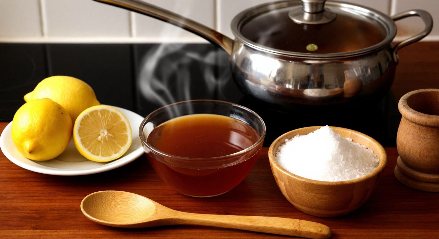 A Turkish kitchen counter with a steaming pot of syrup, a bowl of sugar, a lemon half-squeezed, and a wooden spoon resting nearby, evoking warmth and sweetness.