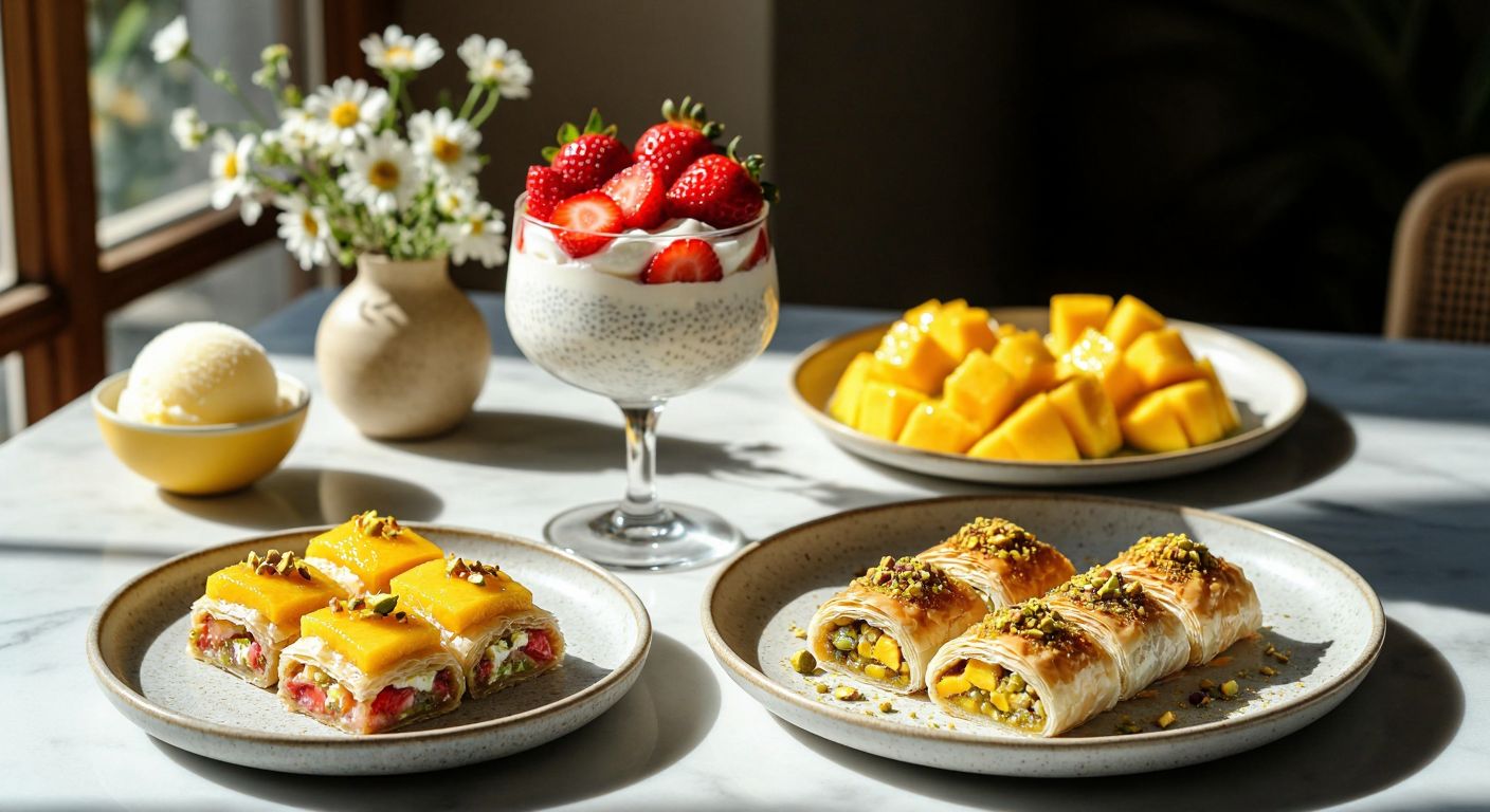 A sunlit Turkish table set with a glass bowl of lemon sorbet, a parfait glass layered with yogurt and strawberries, a chia pudding topped with mango slices, delicate pistachio baklava on a ceramic plate, and a creamy milk-based dessert rolled in thin pastry, evoking freshness and lightness.
