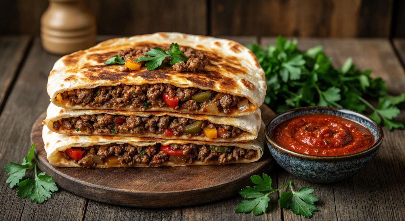A warm, golden-brown stack of layered lavash bread filled with savory minced meat, diced onions, and peppers, drizzled with garlic yogurt, placed on a rustic wooden table beside fresh parsley and a bowl of vibrant red pepper paste.