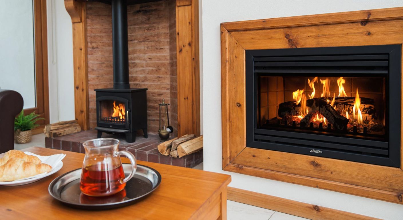 A cozy Turkish living room with a rustic wooden fireplace crackling with flames, a sleek electric fireplace glowing warmly on the opposite wall, and a modern gas stove simmering a pot of çay, reflecting the choice between traditional, convenient, and efficient heating methods.