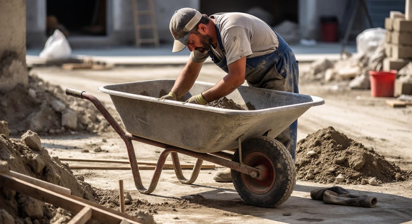 A sturdy, rusted wheelbarrow filled with wet concrete sits on a construction site in Turkey, surrounded by scattered tools and a worker in dusty overalls wiping sweat from his brow.
