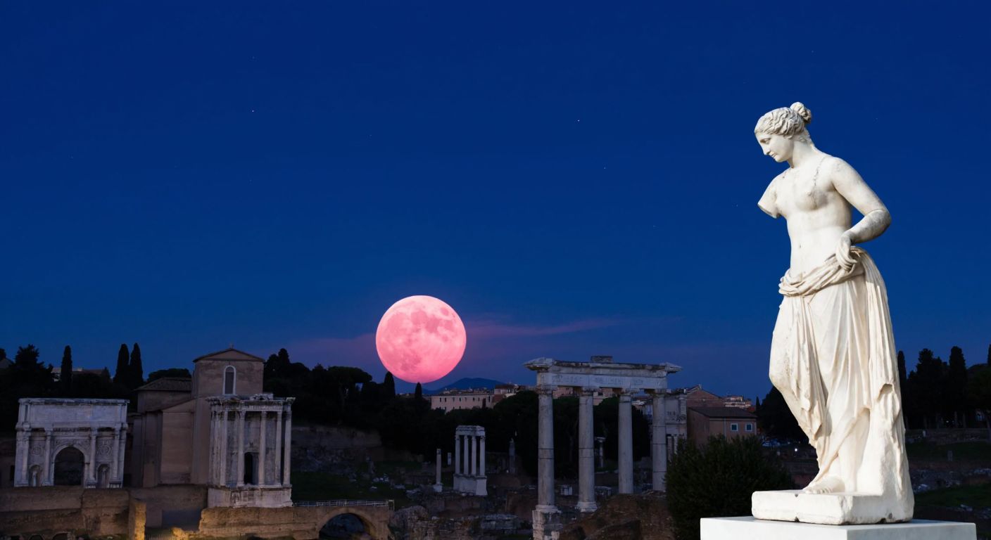 A serene night sky over ancient Roman ruins, with the planet Venus glowing pink beside the silhouette of a marble statue of a woman.
