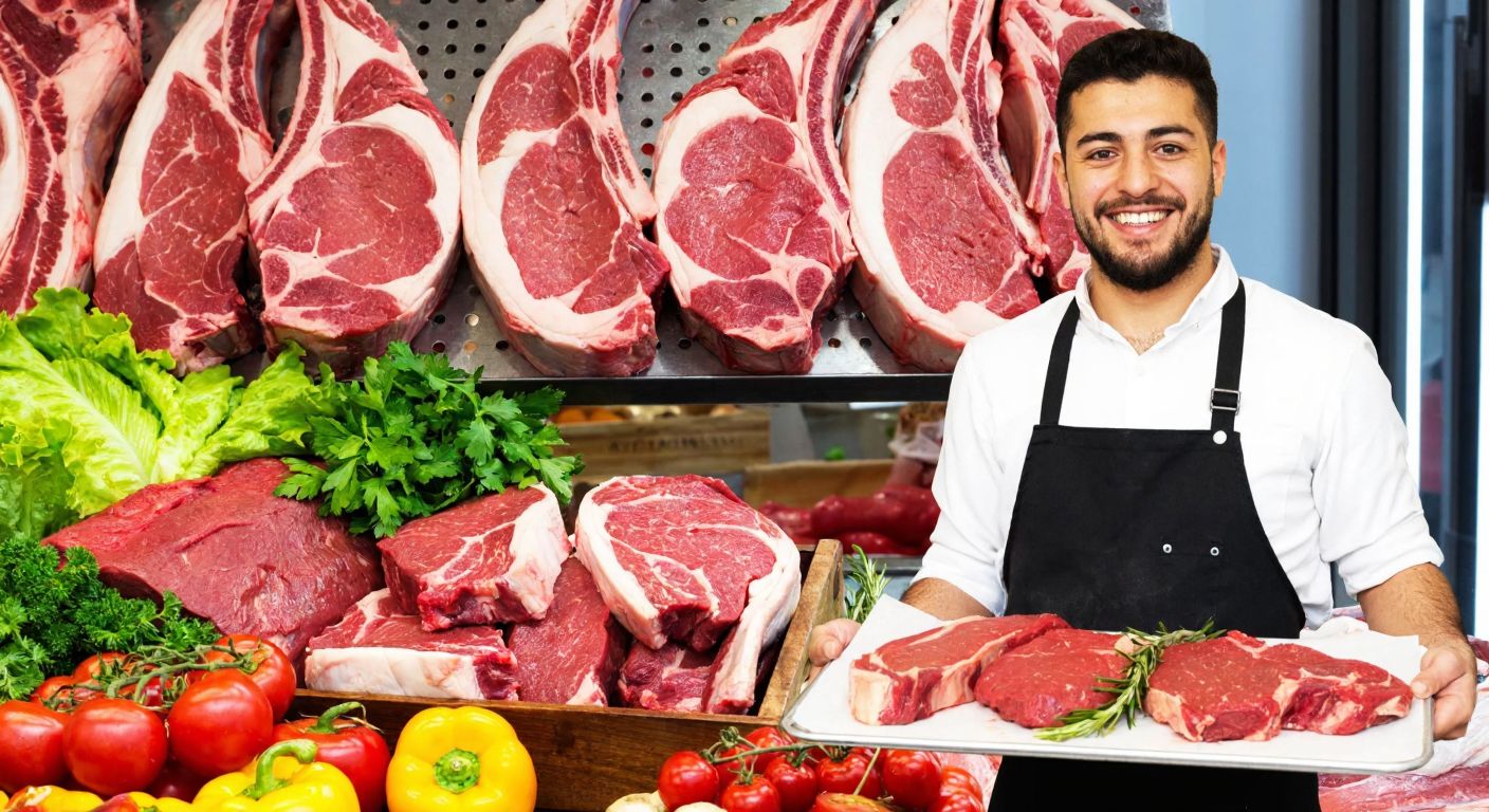 A vibrant Turkish butcher shop displaying fresh cuts of red meat, including heart-shaped cuts, with a smiling chef in an apron holding a tray of grilled meat next to a colorful array of fresh vegetables and herbs.