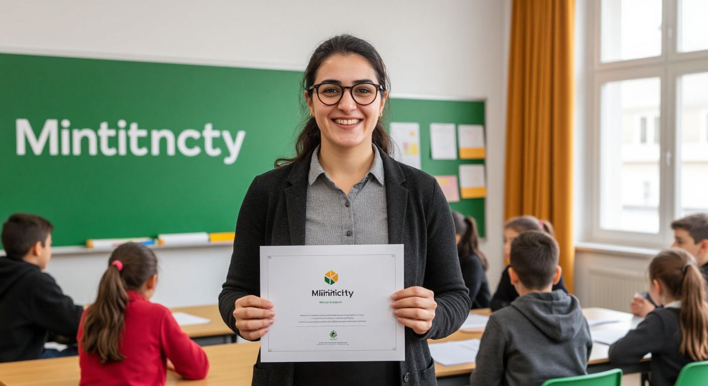 A confident Turkish teacher in a classroom proudly holding a Minticity certificate while students engage with interactive German learning materials.