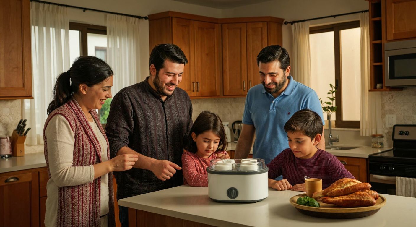 A Turkish family in a cozy kitchen, smiling as they examine a Minisan yogurt maker on the counter, while another person nearby frowns at a cracked Minisan heater on the table.
