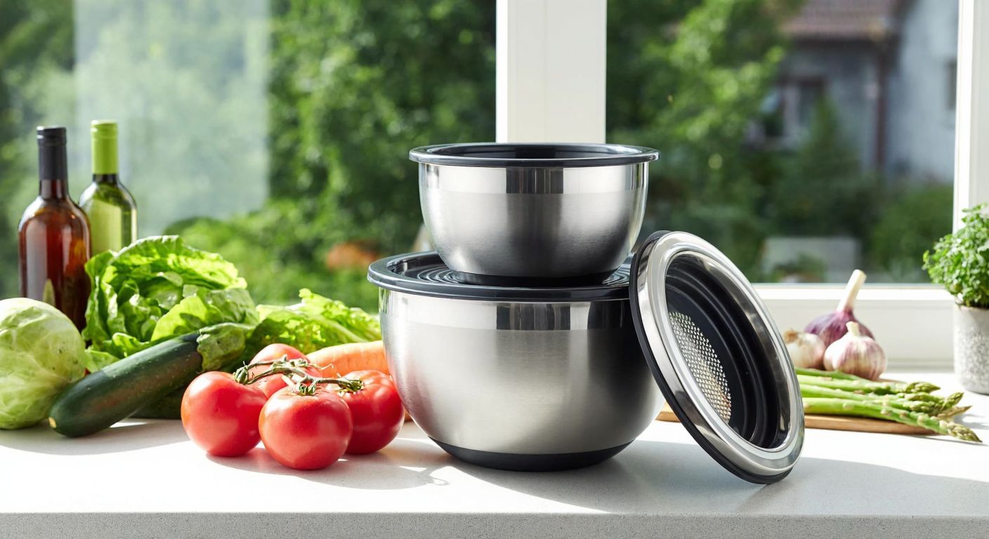 A stainless steel mixing bowl set with nested containers, a grater attachment, and a sealed lid sits on a sunlit kitchen counter in Turkey, surrounded by fresh vegetables ready for grating and mixing.