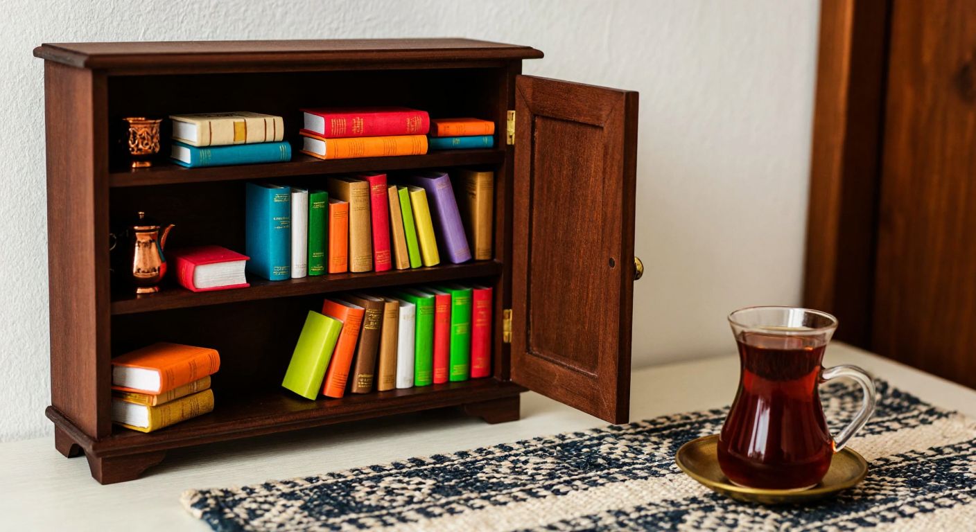 A small wooden miniature bookshelf in a cozy Turkish home, filled with colorful books of varying sizes, some stacked neatly and others slightly tilted, placed beside a traditional Turkish tea set on a woven rug.