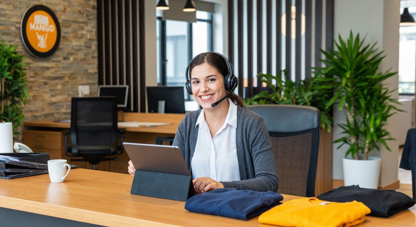A smiling customer service representative in a modern office in Turkey, wearing a headset and holding a tablet, while a neatly folded Mango-branded clothing item sits on the desk beside them.