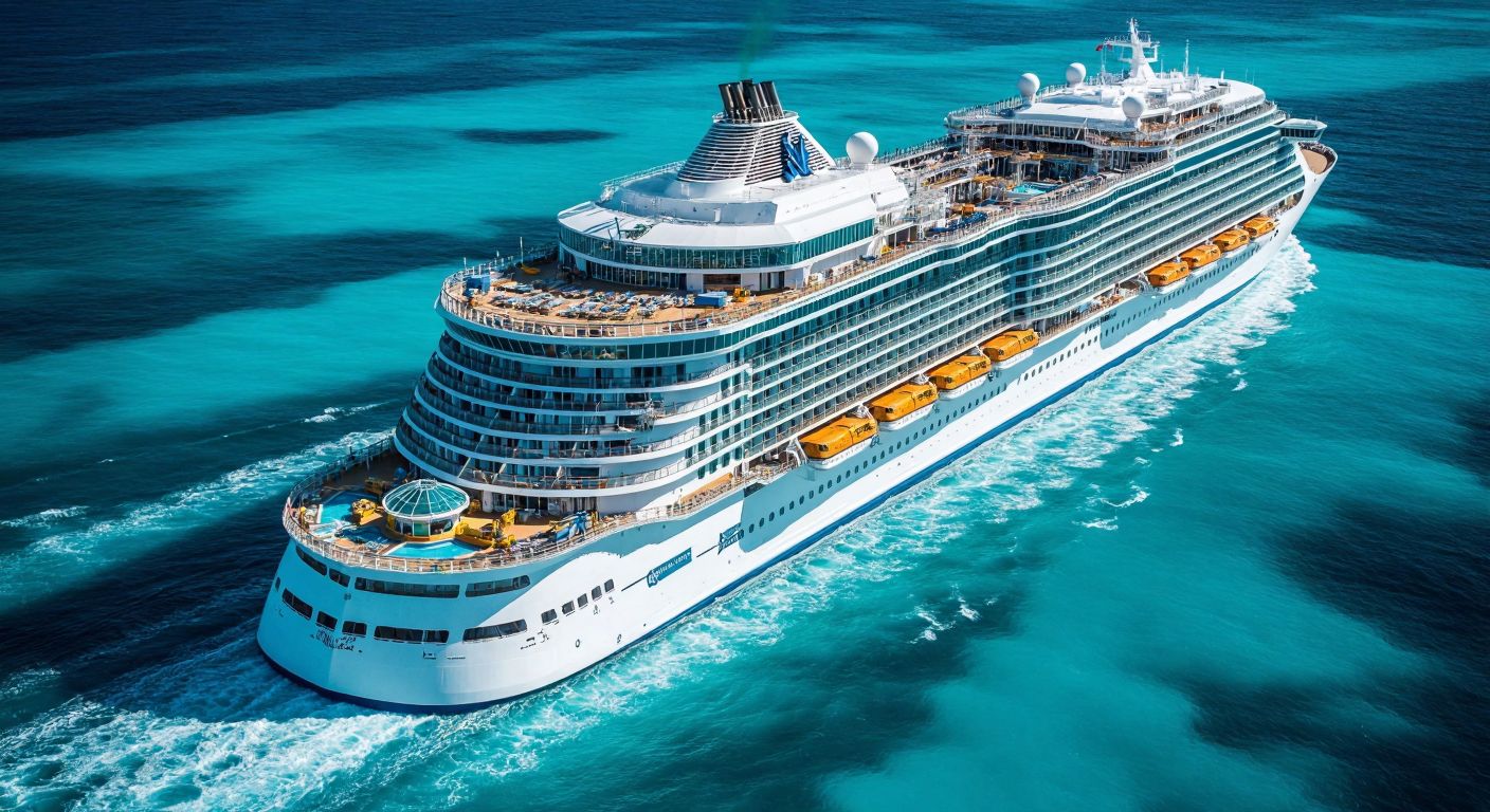 A massive cruise ship glides through turquoise waters, its towering decks adorned with sparkling pools, bustling restaurants, and a vibrant spa, while workers in hard hats oversee its intricate construction at a bustling shipyard.