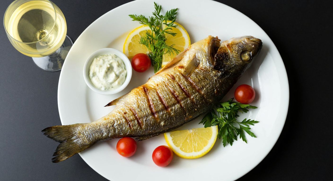 A sleek white plate holds a golden-brown grilled sea bass, garnished with fresh dill, lemon slices, and cherry tomatoes, accompanied by a small bowl of garlic yogurt sauce and a glass of chilled white wine.