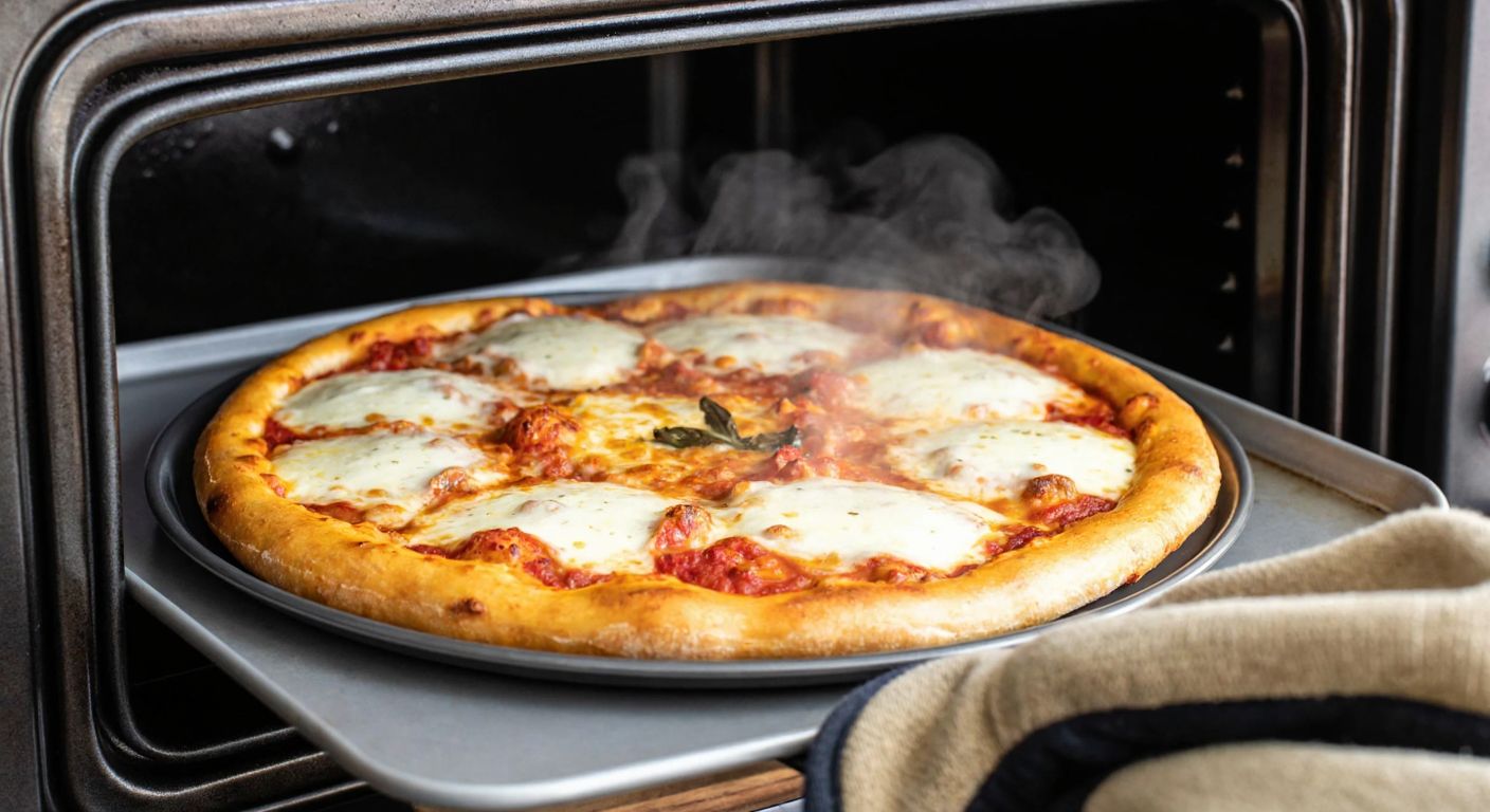A golden-brown Pizza Mi-Go fresh out of a warm oven, steam rising from melted cheese, placed on a metal baking tray with a kitchen mitt nearby, evoking a cozy Turkish home setting.