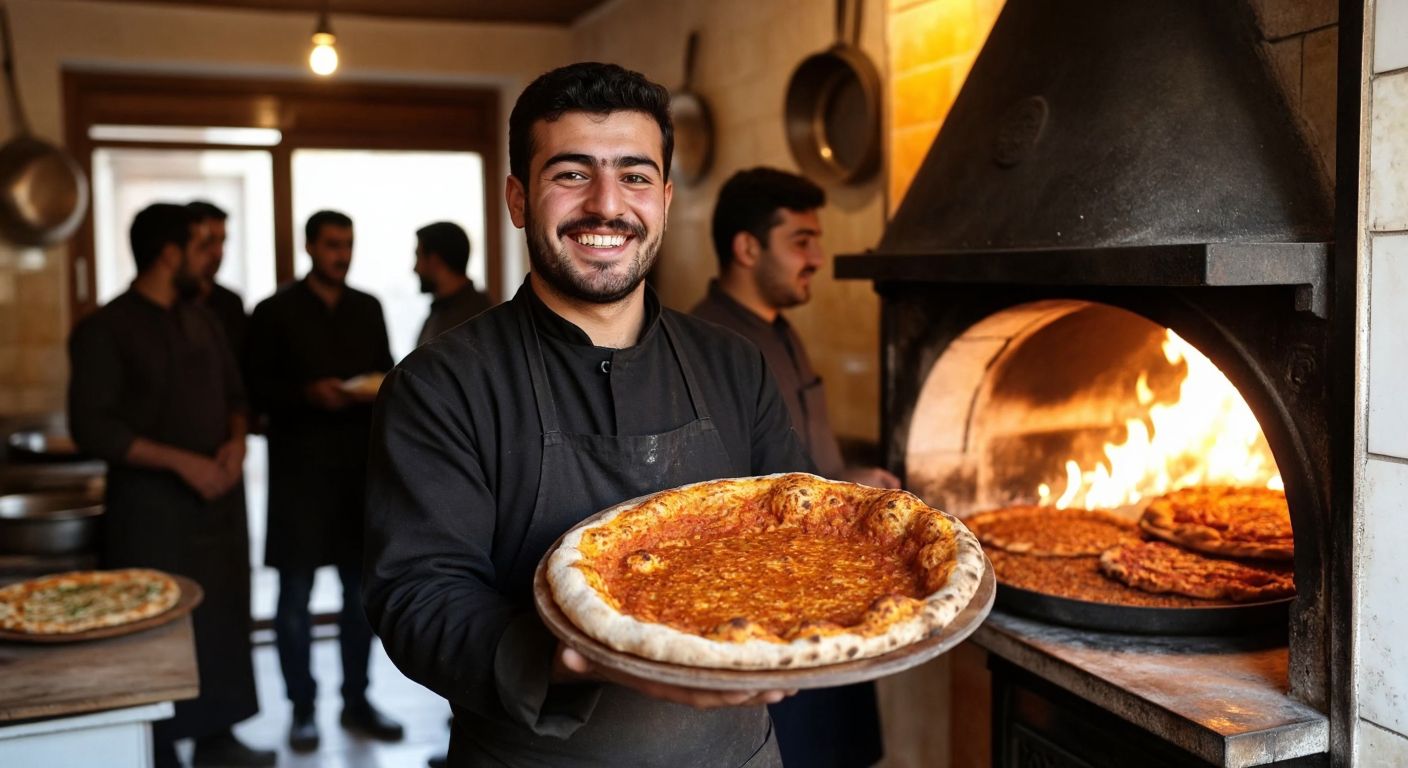 A smiling baker in Şanlıurfa proudly holds a golden-brown lahmacun with a modern twist, surrounded by the warm glow of a traditional oven and curious locals admiring the dish.