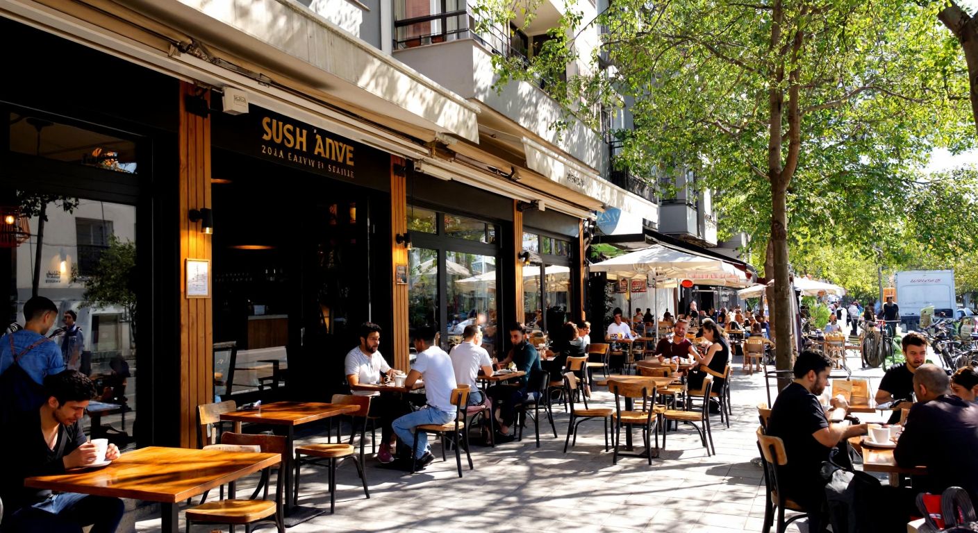 A bustling café with a modern Turkish aesthetic on a sunny street in Suadiye, Istanbul, where people enjoy aromatic coffee and pastries, framed by the lively atmosphere of Bağdat Avenue.