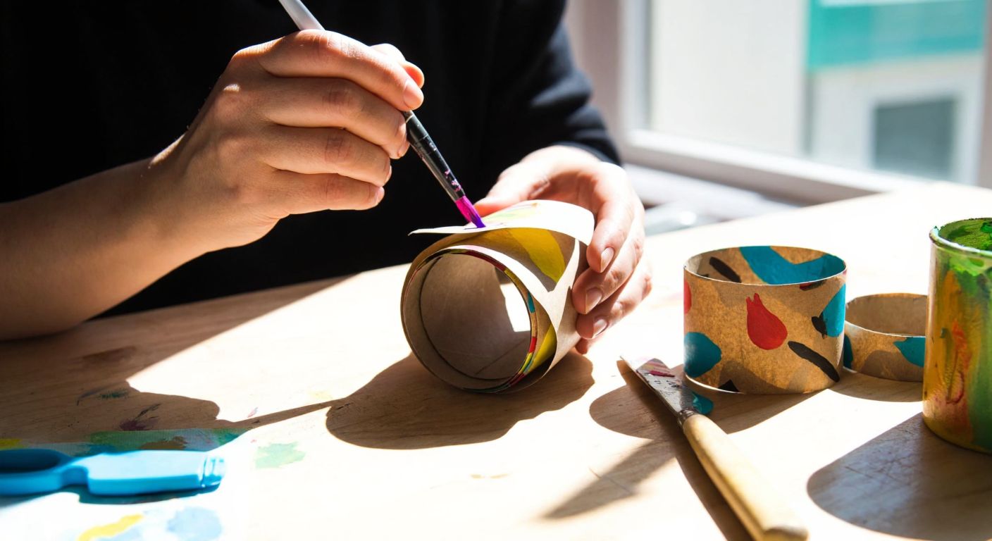 A close-up of a woman’s hands carefully painting a colorful, patterned paper clip made from a cut toilet paper roll, with scattered art supplies like a knife, sandpaper, and vibrant paints on a wooden table in a sunlit Turkish home.
