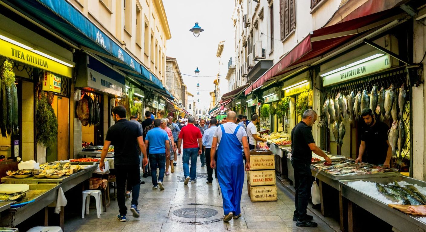 A bustling narrow street in İzmir's Kemeraltı market, lined with colorful fish restaurants where fishermen in rubber aprons display fresh catches on ice, surrounded by the aroma of grilled seafood and the lively chatter of locals.