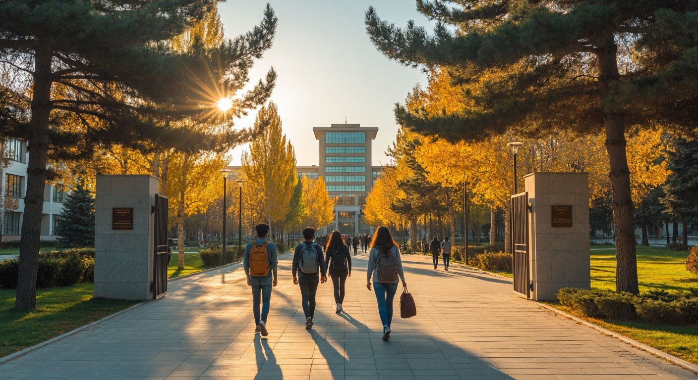 A sunlit university campus in Ankara with modern academic buildings, a tree-lined boulevard, and students walking with backpacks near a signless entrance gate.