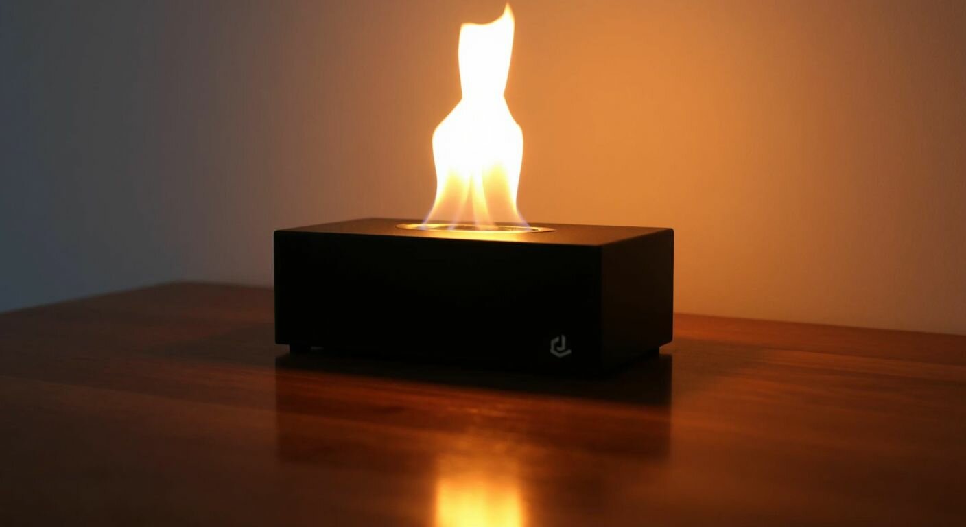 A small black tabletop bioethanol fireplace glowing warmly on a wooden surface, with a faint flickering flame reflecting on polished dark wood, evoking a cozy and modern Turkish home setting.