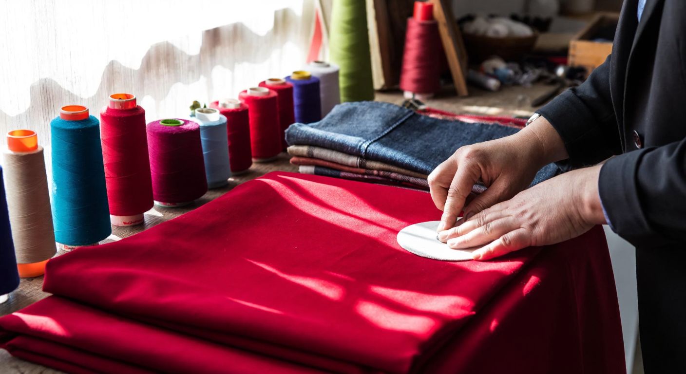 A Turkish tailor in a sunlit workshop carefully marks a vibrant red fabric with a chalk wheel, surrounded by colorful spools of thread and neatly folded textiles.