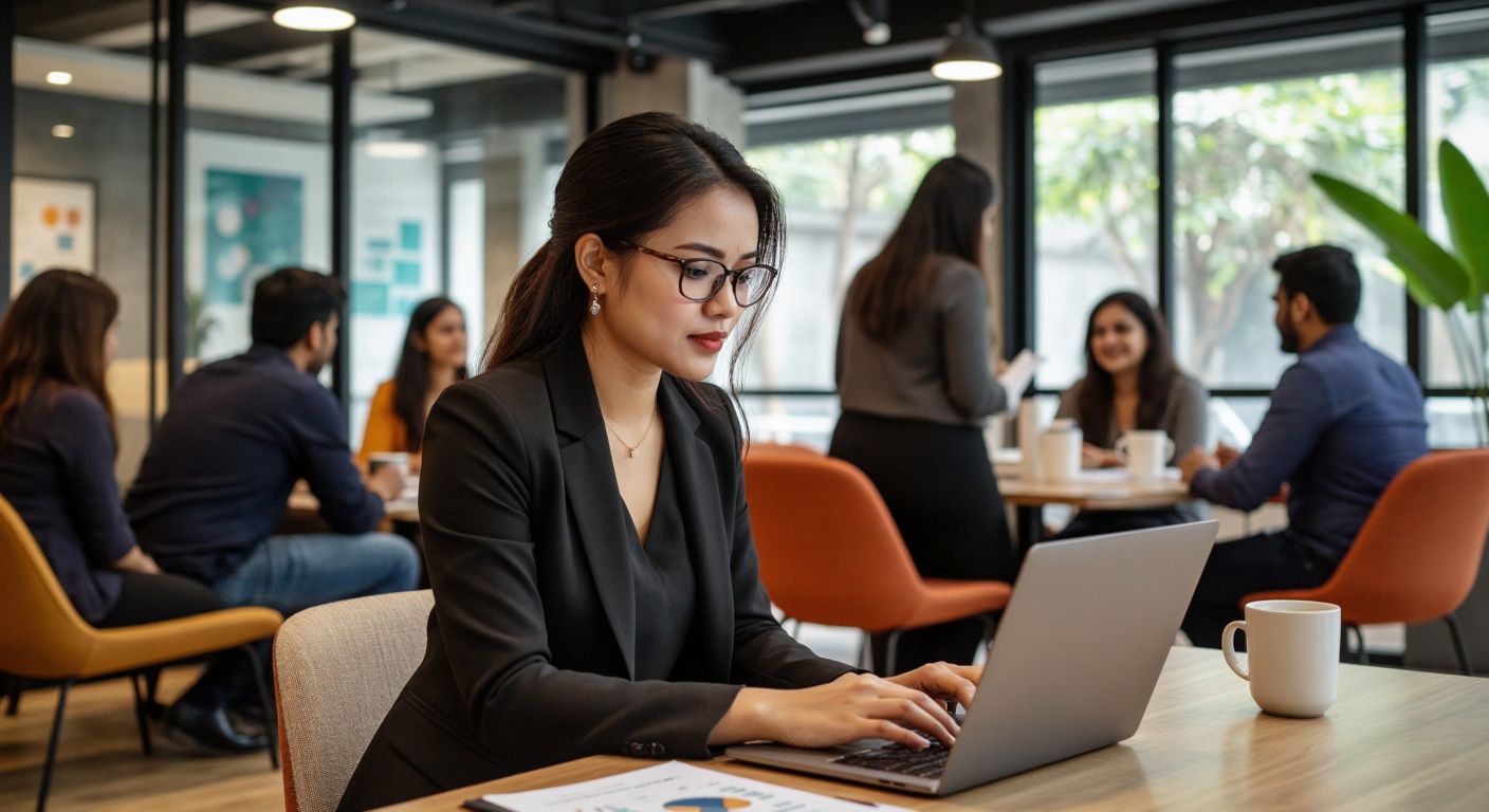 A Vietnamese businesswoman in a sleek office checks financial charts on her laptop while a diverse group of Indian entrepreneurs brainstorm over coffee in a cozy startup hub.
