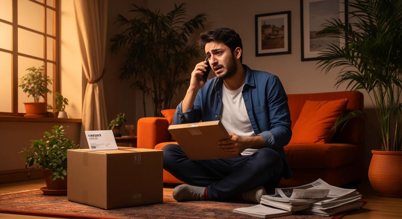 A frustrated Turkish customer in a cozy home setting holds an unopened package while talking on the phone, with a neatly repacked box and shipping label nearby.