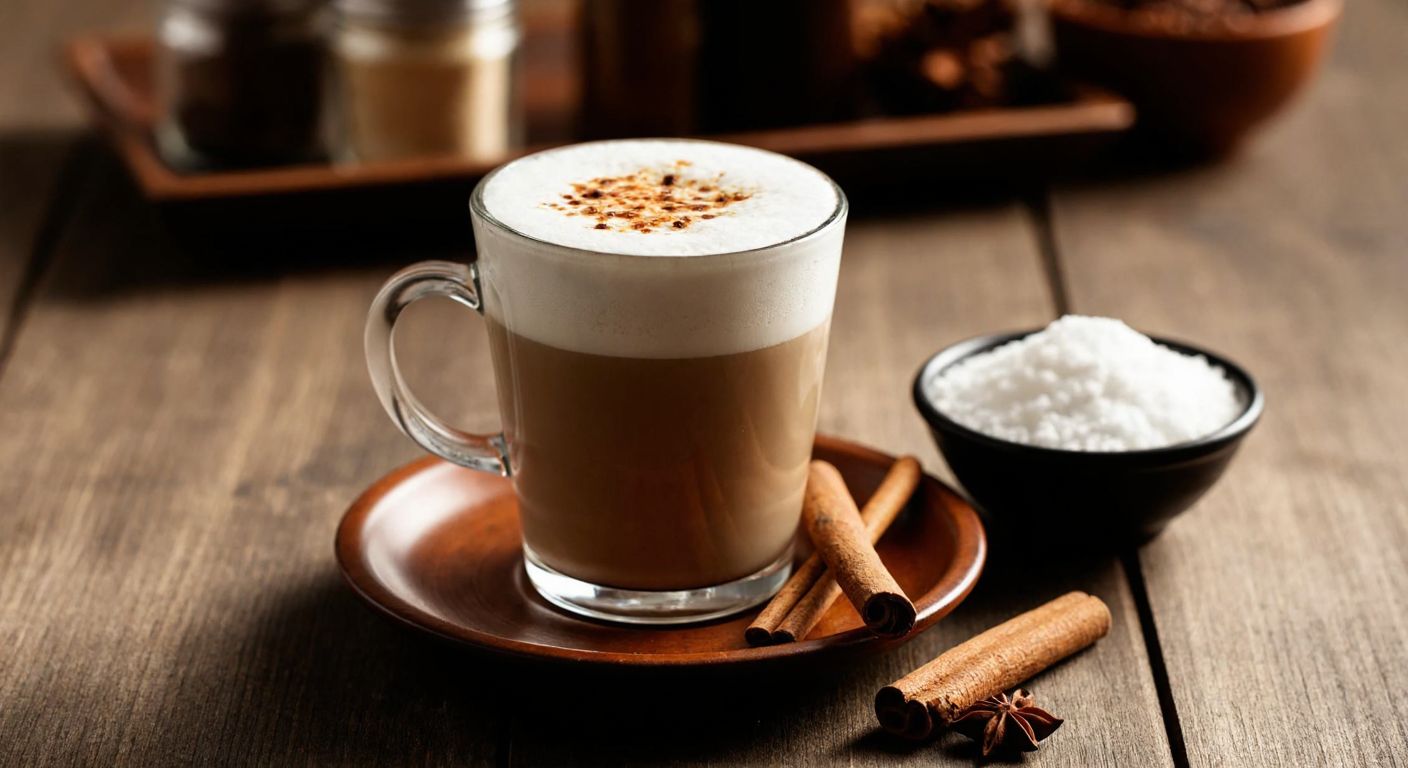 A warm, creamy cup of salep with a frothy top, resting on a wooden table in a cozy Turkish café, surrounded by cinnamon sticks and a small bowl of powdered salep.