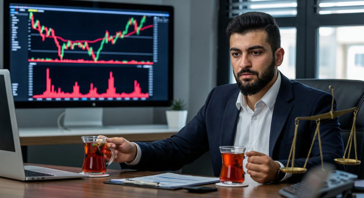 A concerned Turkish investor in a modern office gazes at a fluctuating stock chart on a monitor, holding a cup of traditional Turkish tea, while a financial advisor in a suit points to a balanced scale symbolizing risk assessment.
