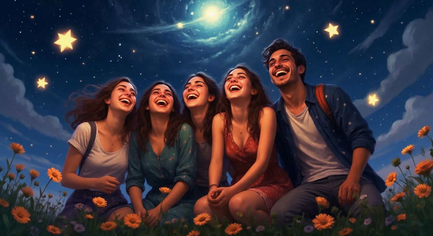 A lively group of young Turkish friends laughing together under a starry night sky, surrounded by wildflowers and a sense of playful adventure.