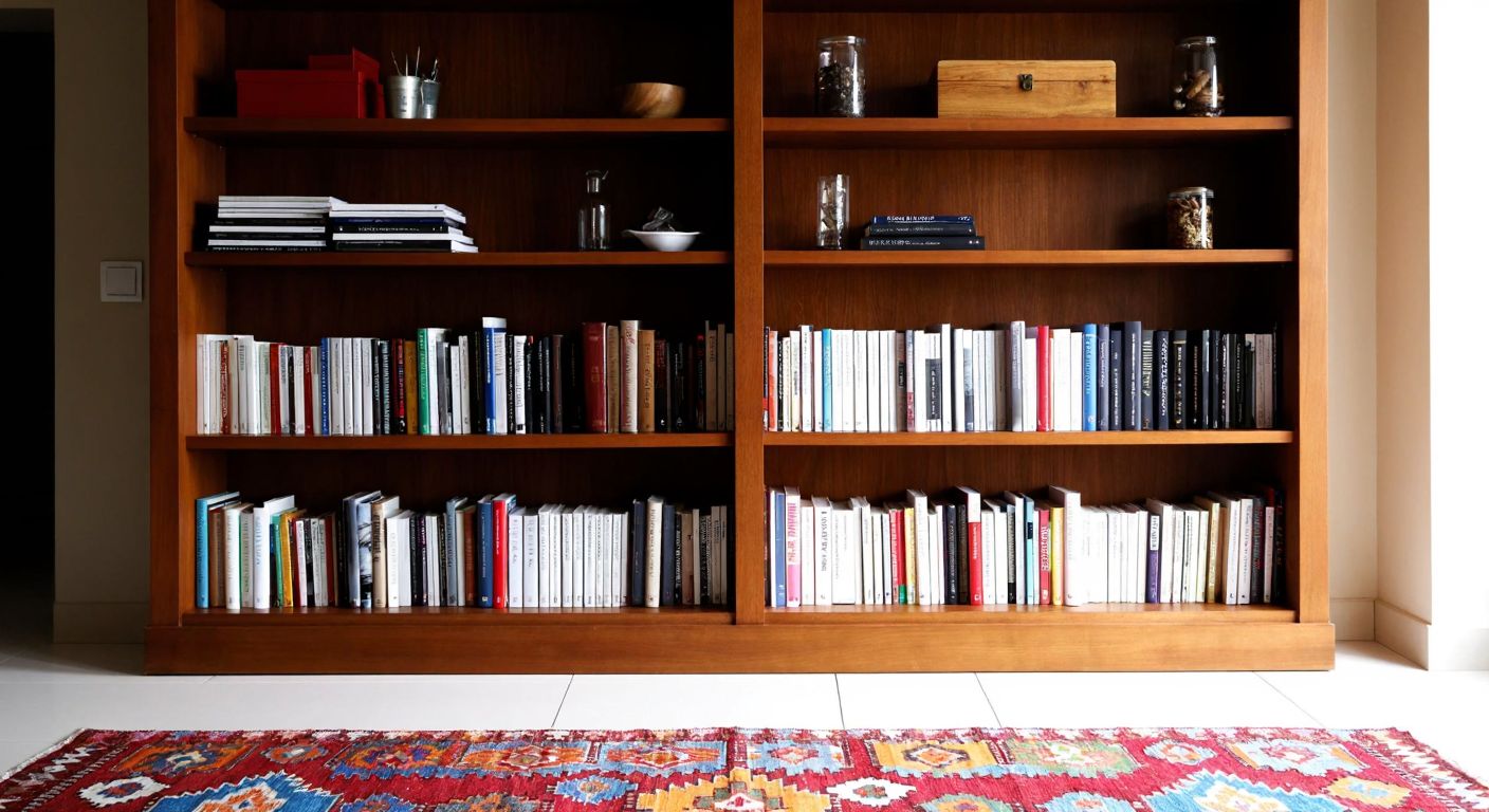 A wooden bookshelf with neatly arranged books of varying heights in a cozy Turkish living room, featuring warm lighting and a traditional kilim rug beneath.