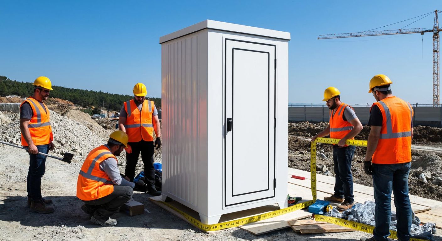 A white portable toilet container placed on a construction site in Turkey, surrounded by workers in hard hats and orange vests, with a tape measure stretched out to show its dimensions.
