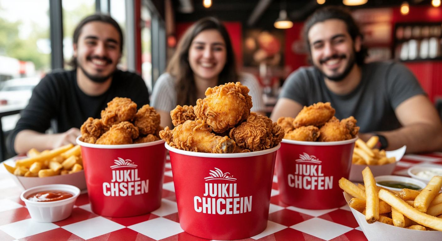 A vibrant table in a casual Turkish eatery holds three golden-brown fried chicken buckets of varying sizes (small, medium, large) surrounded by smiling friends sharing the meal, with crispy fries and dipping sauces scattered across the checkered tablecloth.