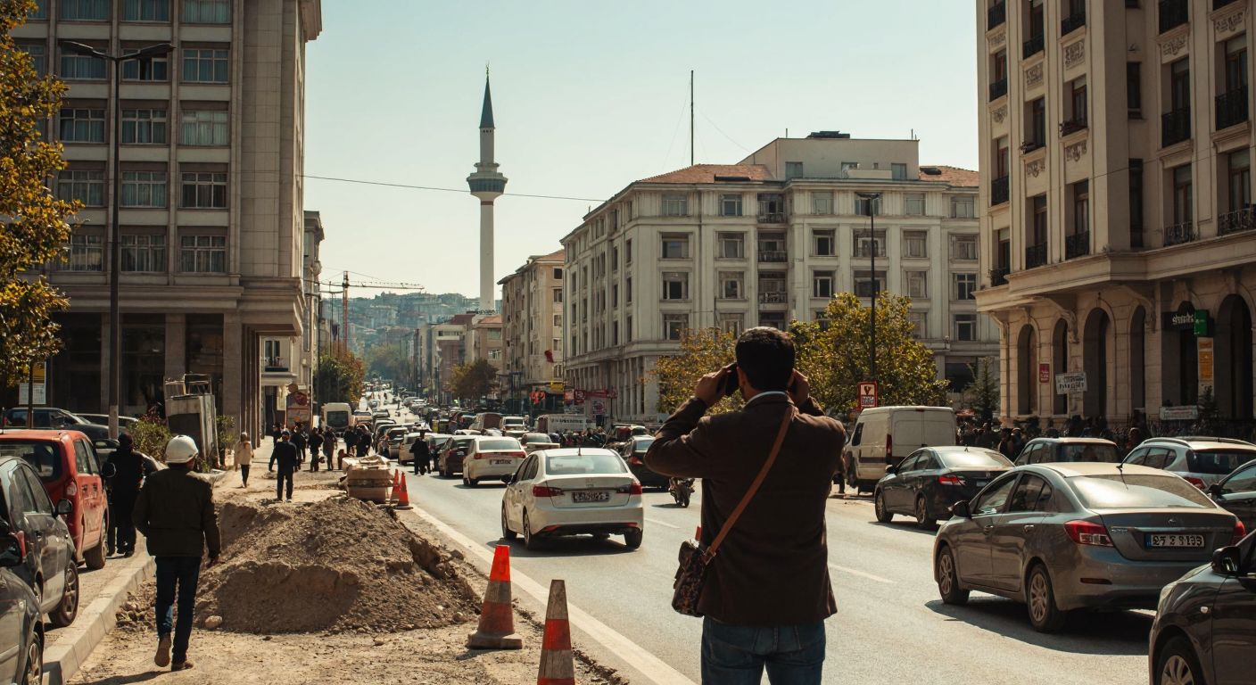 A bustling Turkish city street with a person holding a phone to their ear, standing near a government building with a signless entrance, surrounded by the sounds of construction and traffic.