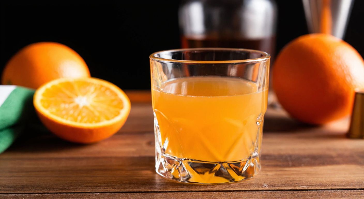 A clear glass filled with amber-colored orange liqueur resting on a wooden bar counter, surrounded by fresh orange slices and cocktail ingredients, evoking a warm, inviting atmosphere.