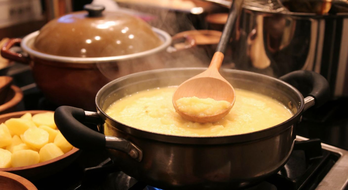 A steaming pot of creamy mashed potatoes with a wooden spoon resting on the edge, set on a stovetop in a cozy Turkish kitchen with warm lighting and a bowl of peeled potatoes nearby.