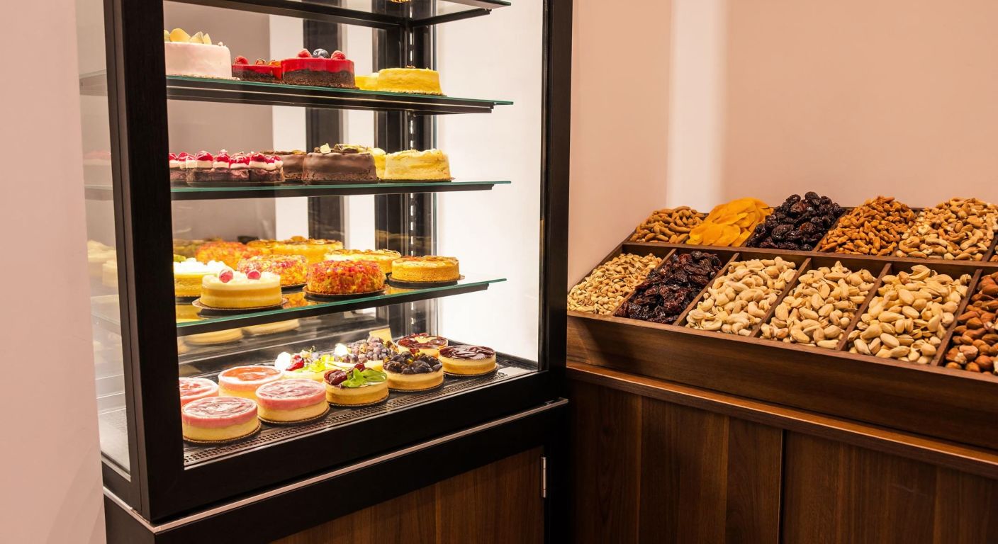 A sleek glass-fronted pastry cabinet filled with colorful cakes and tarts stands beside a wooden snack cabinet displaying an assortment of nuts and dried fruits in Turkey.