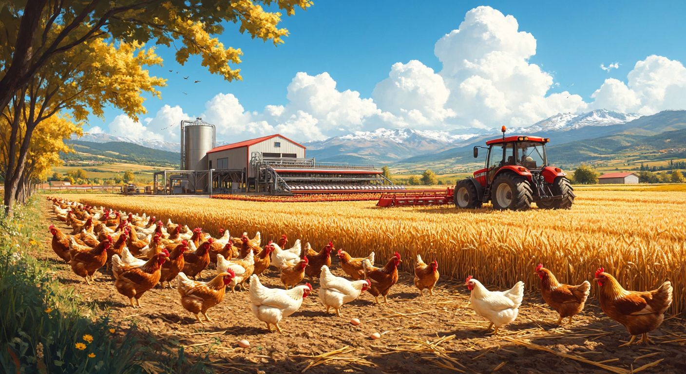 A sunlit Turkish farm with free-range chickens pecking at the ground near a modern automated egg production facility, while a sturdy red tractor stands ready in a nearby field of golden wheat.