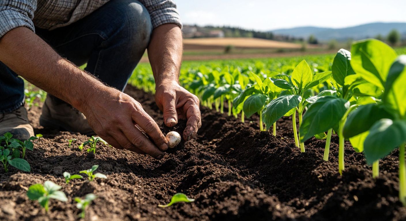 A Turkish farmer in a sunlit field carefully planting mushroom pepper seeds into rich, dark soil during spring, with vibrant green seedlings sprouting nearby.