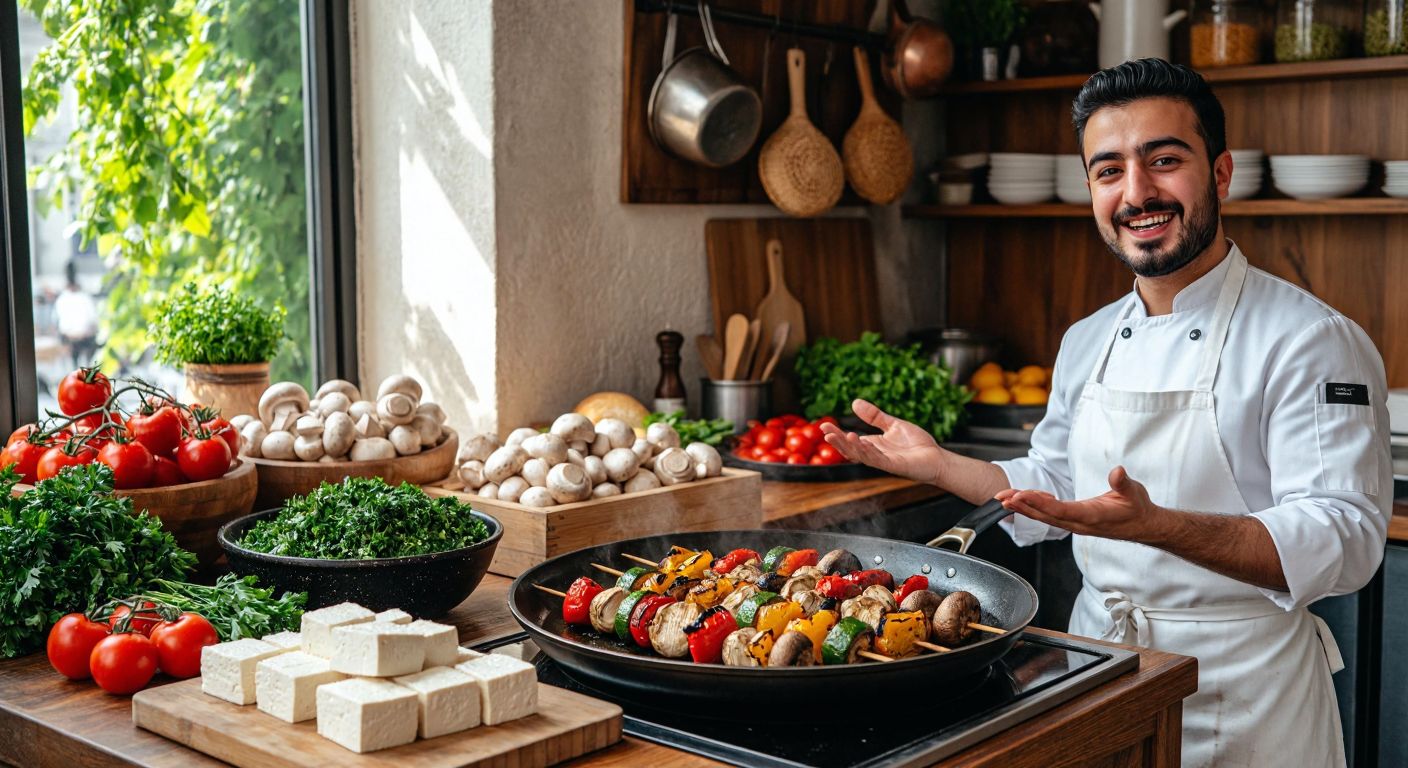 A vibrant Turkish kitchen counter displays fresh tofu, soy chunks, and mushrooms arranged beside a sizzling pan of vegetable kebabs, with a smiling chef in a white apron gesturing toward the ingredients.