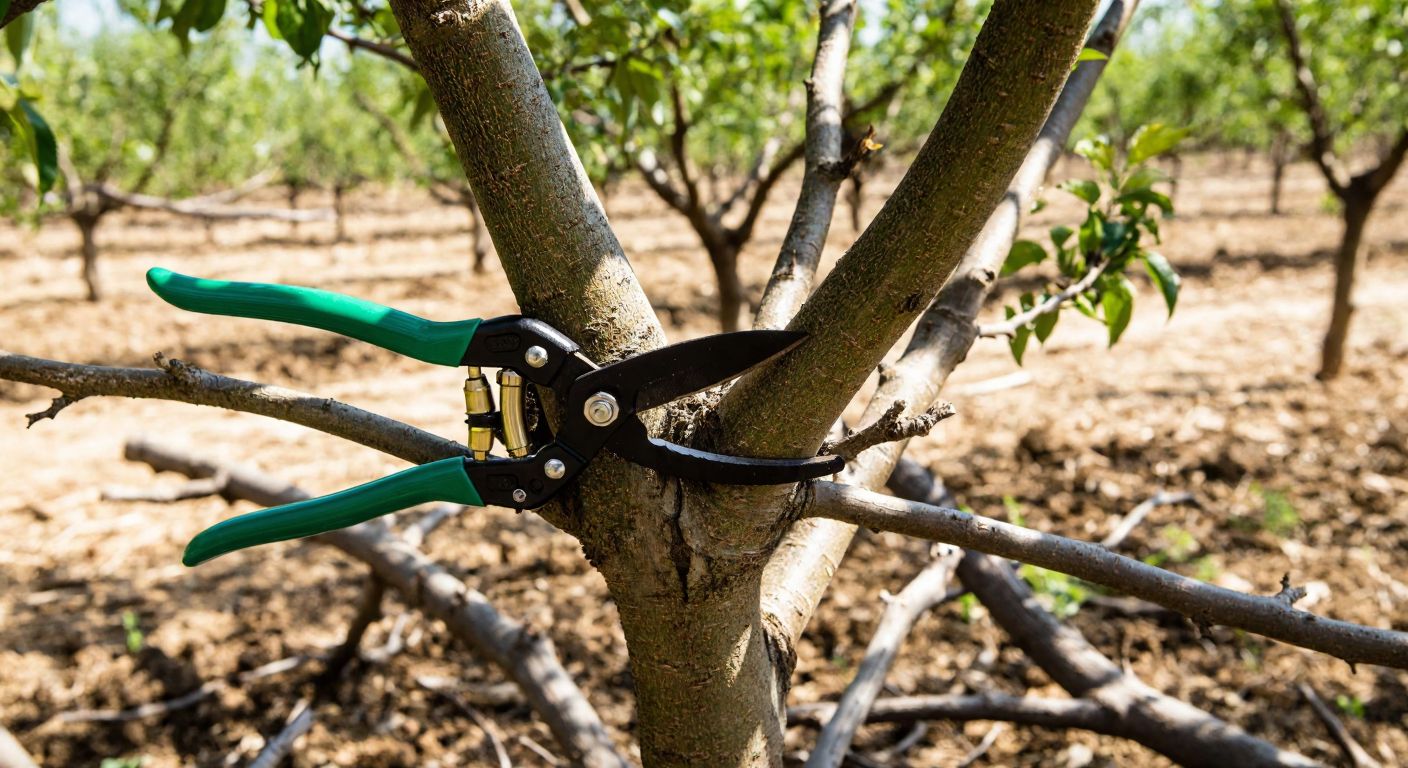 A sturdy, green-handled pruning shears cutting through a thick tree branch in a sunlit Turkish orchard, with fallen branches scattered on the dry earth.