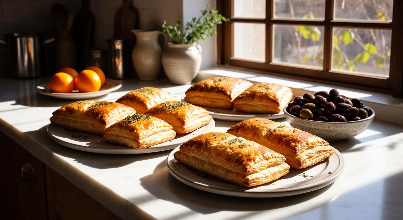 A sunlit Turkish kitchen counter displays two golden-brown puff pastry varieties—one flaky classic milföy with butter layers and another darker whole wheat version—surrounded by sweet (chocolate, fruit) and savory (cheese, olives, vegetables) fillings.