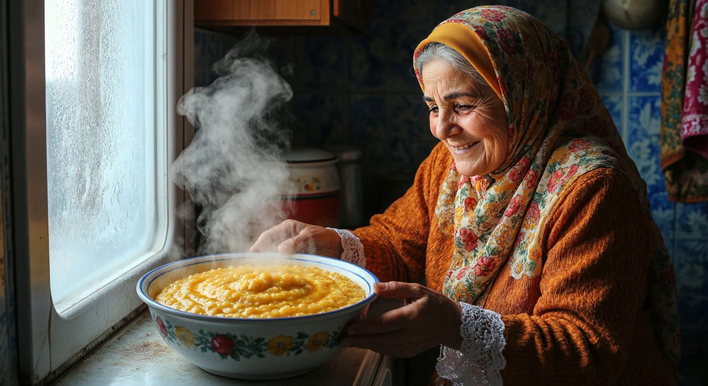 A steaming bowl of golden *keşkek* sits beside a frost-covered freezer, with a Turkish grandmother in a floral headscarf smiling as she places it inside.