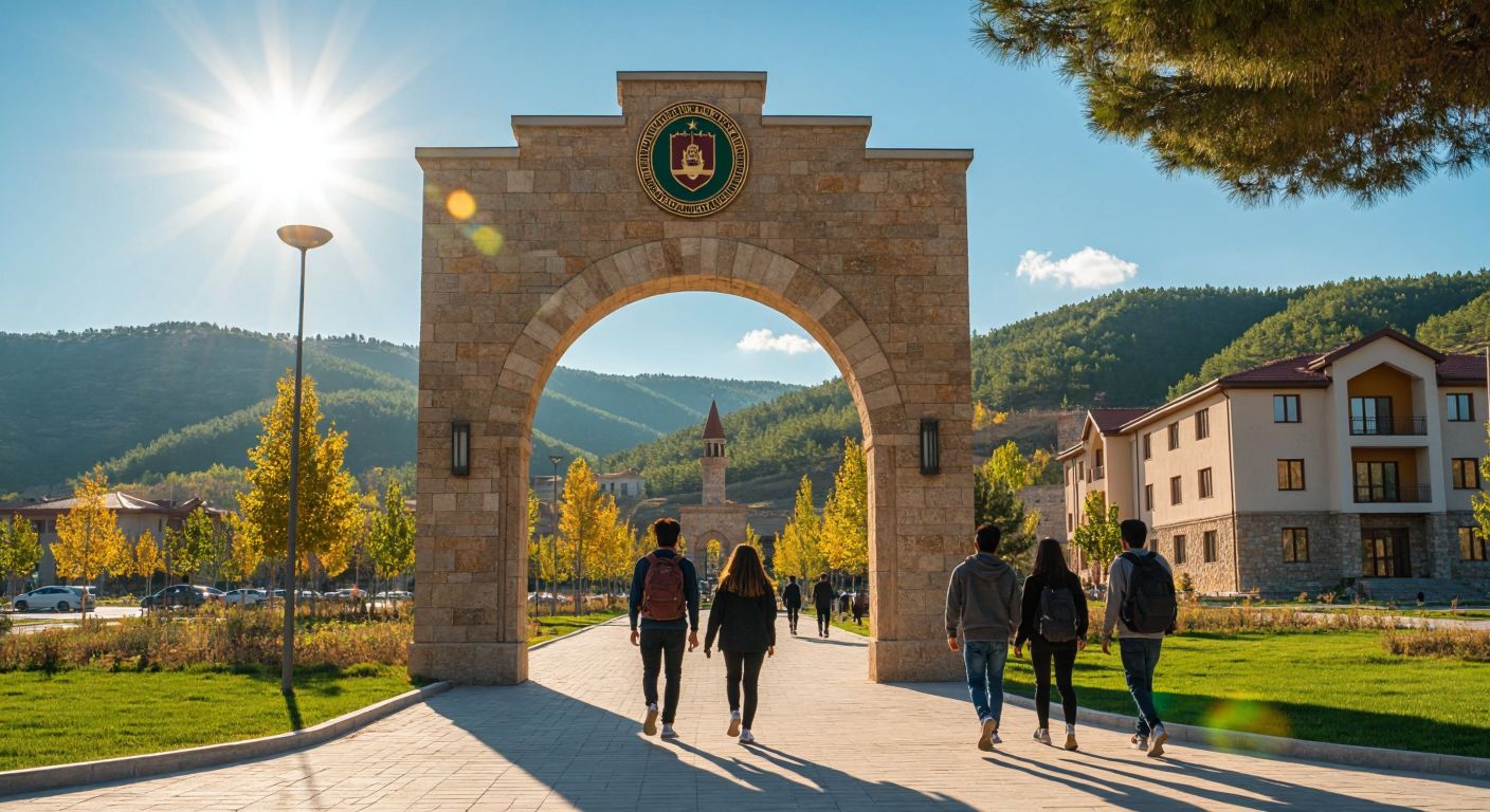 A sunlit modern university campus in Adıyaman with students walking past a stone archway adorned with the university's emblem (without text), surrounded by green hills and traditional Turkish architecture.