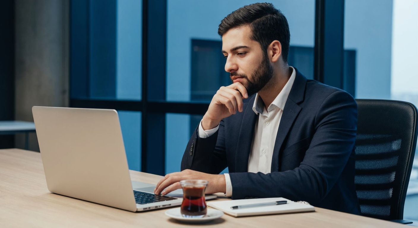 A Turkish investor in a modern office setting, thoughtfully browsing financial websites on a laptop, with a cup of Turkish tea and a notepad nearby, reflecting a moment of research and decision-making.